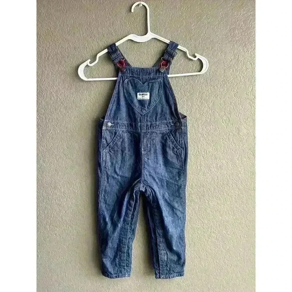 Oshkosh B’gosh Toddler Denim Bib Overalls‎ Girls 24 Mos Heart Pocket Jeans